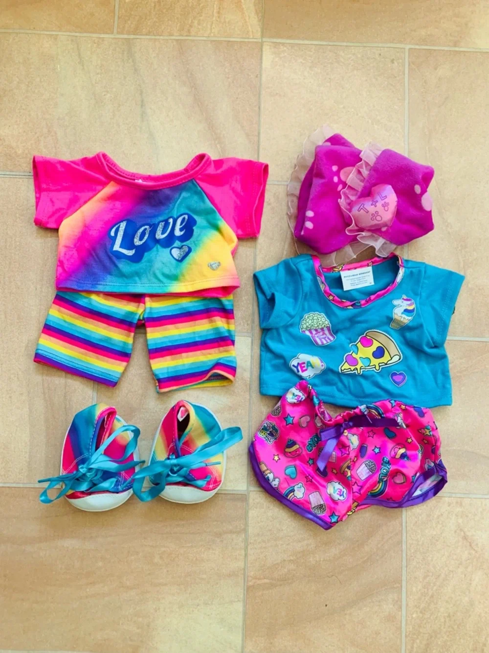Build-A-Bear Rainbow 'Love' Graphic Pajama Shirts & Matching Shoes Outfit